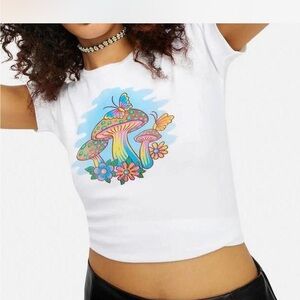 dELiA*s White Crop Top with Colorful Mushroom Print